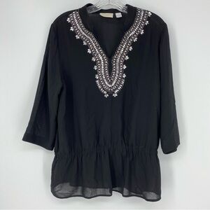 Chico's Black Kaftan Rhinestone & Beads Party V Neck 3/4 Sleeve Size 8